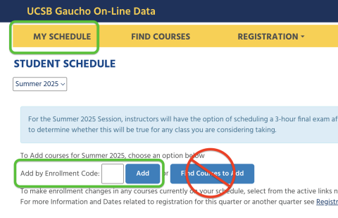 screenshot of the UCSB GOLD system highlighting My Schedule and a box and button